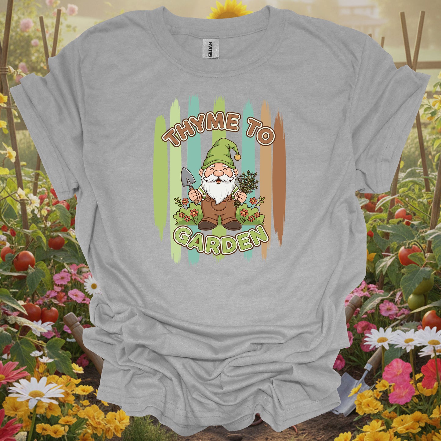 Thyme To Garden Funny Gnome Gardener T-Shirt