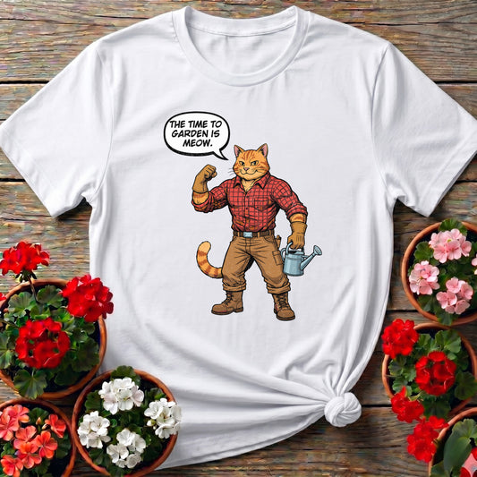 The Time To Garden Is Meow Funny Retro Cat Tee
