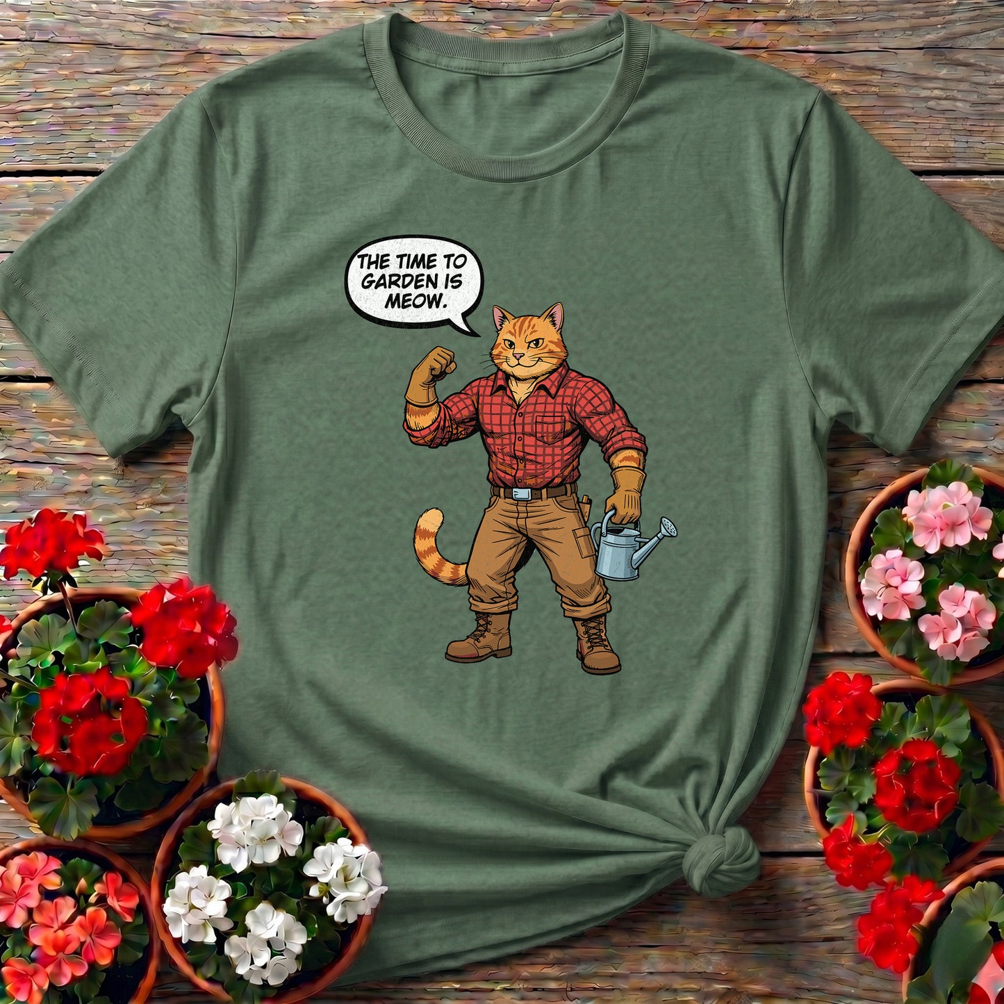 The Time To Garden Is Meow Funny Retro Cat Tee