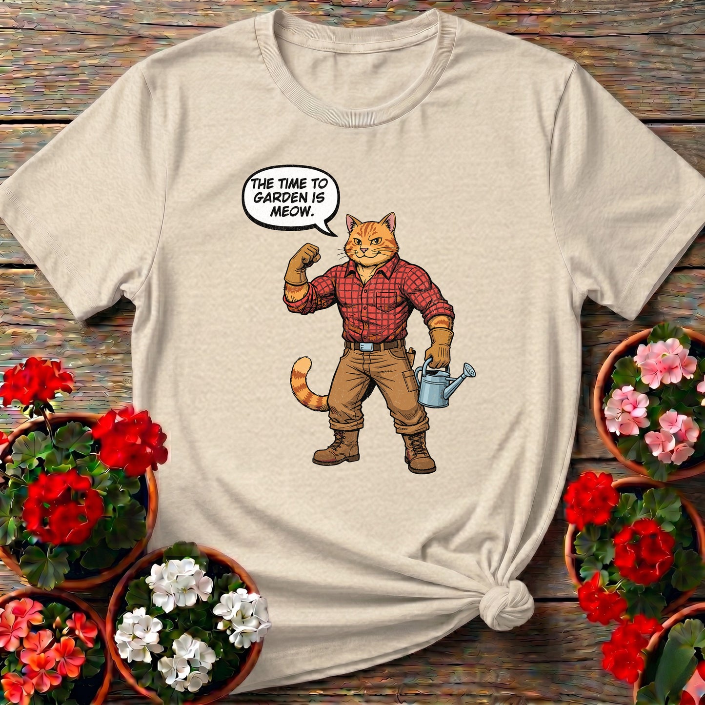 The Time To Garden Is Meow Funny Retro Cat Tee