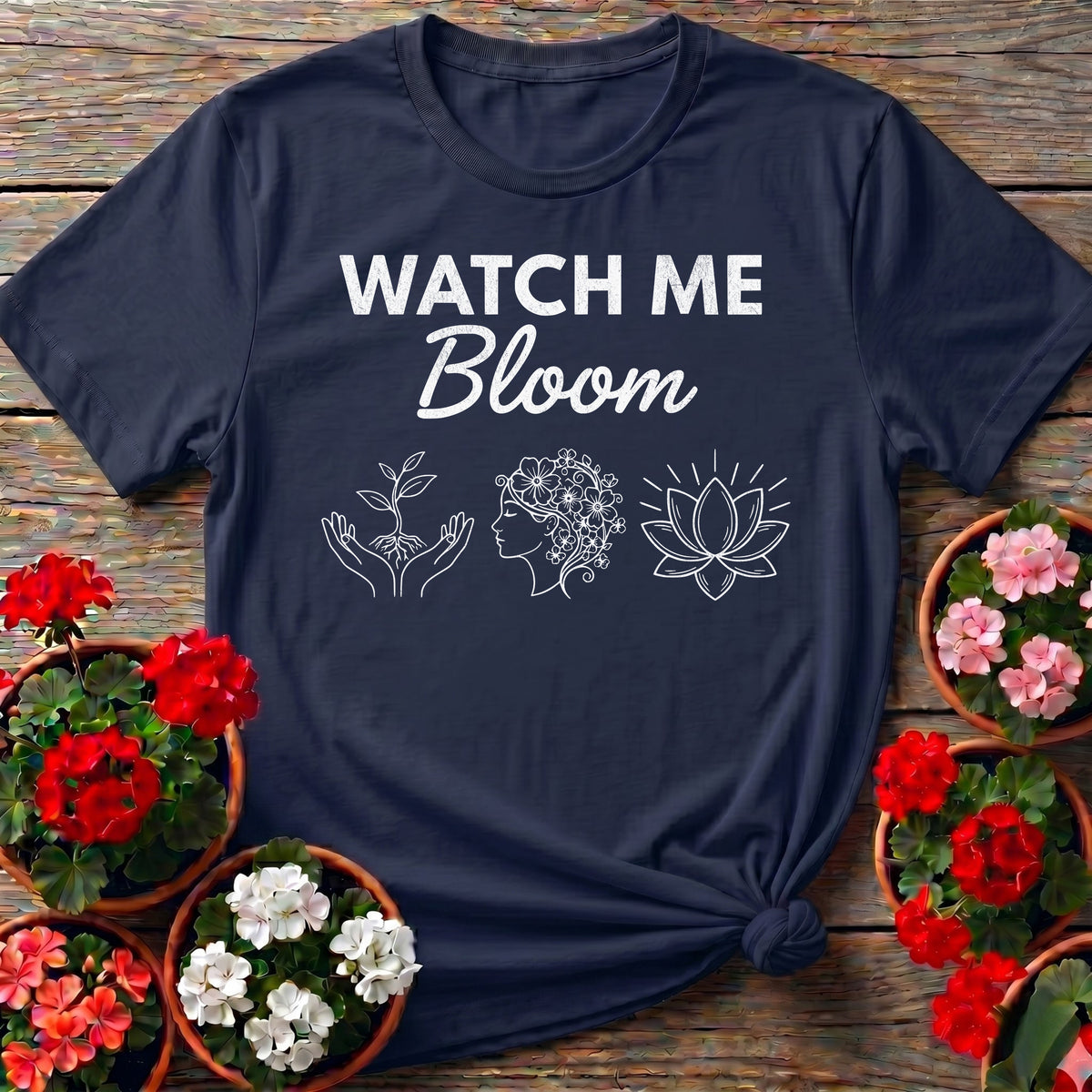 Navy clean lotus and hands garden apparel with "Watch Me Bloom" for self care gardeners