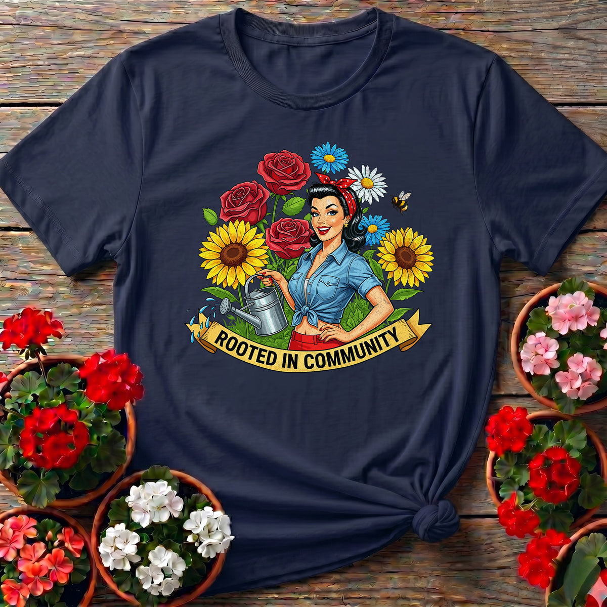 Navy classic pin-up garden apparel with "Rooted In Community" for women who garden