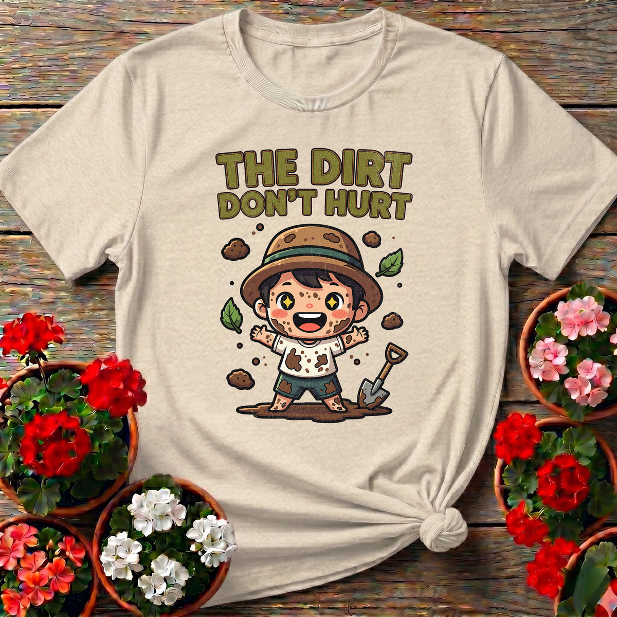 Natural warm casual gardening tee with "The Dirt Don't Hurt" for children who embrace the mess