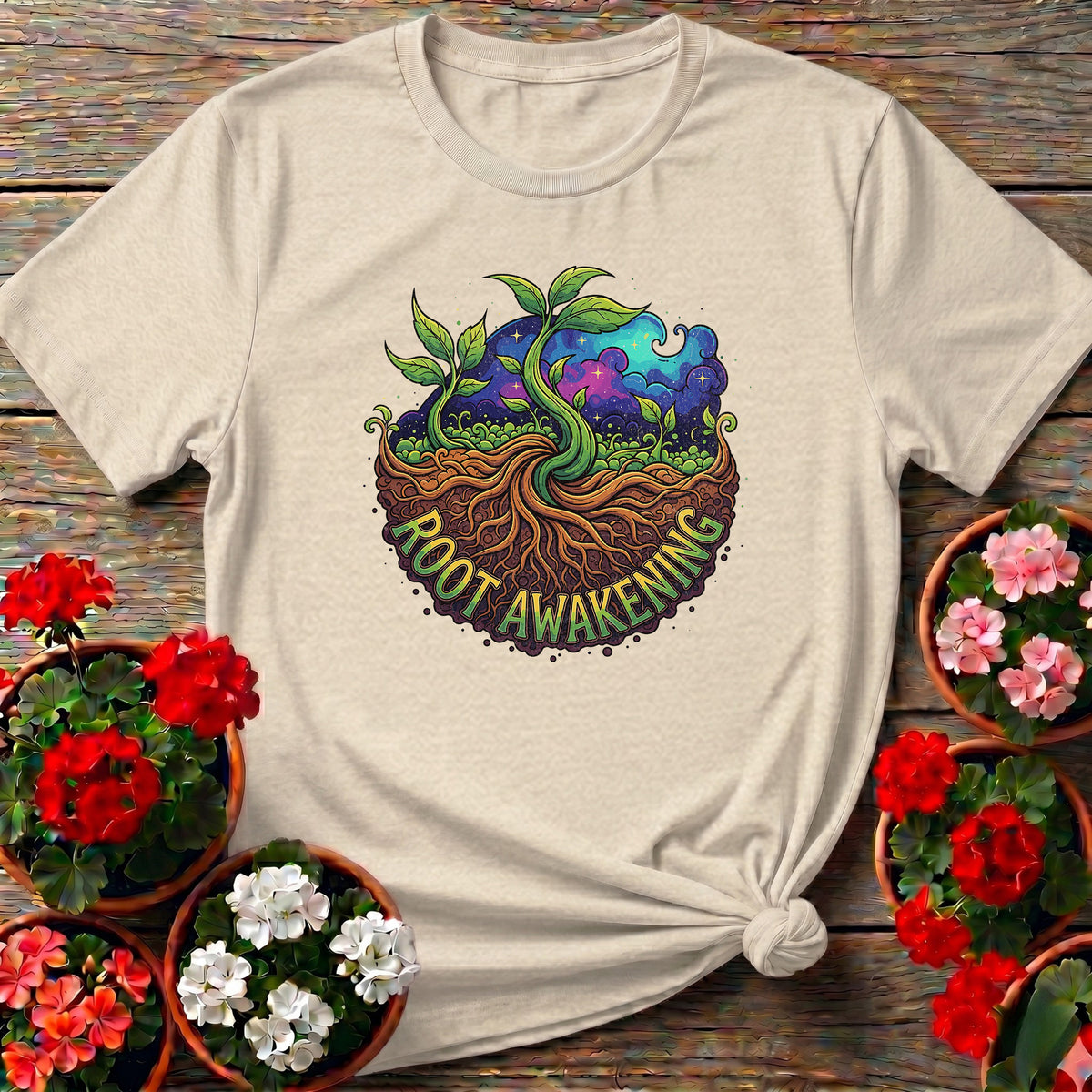 Natural warm folk-art botanical shirt with "Root Awakening" for quiet fans of roots and soil
