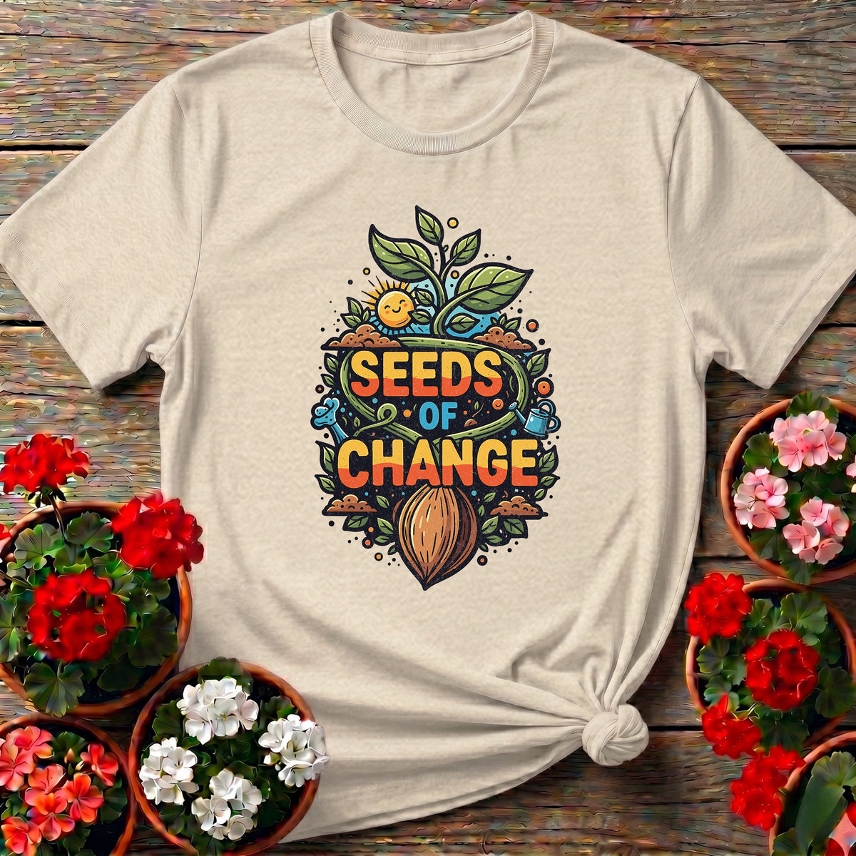 Natural warm illustrated apparel with "Seeds of Change" for seed-saving thoughtful gardeners