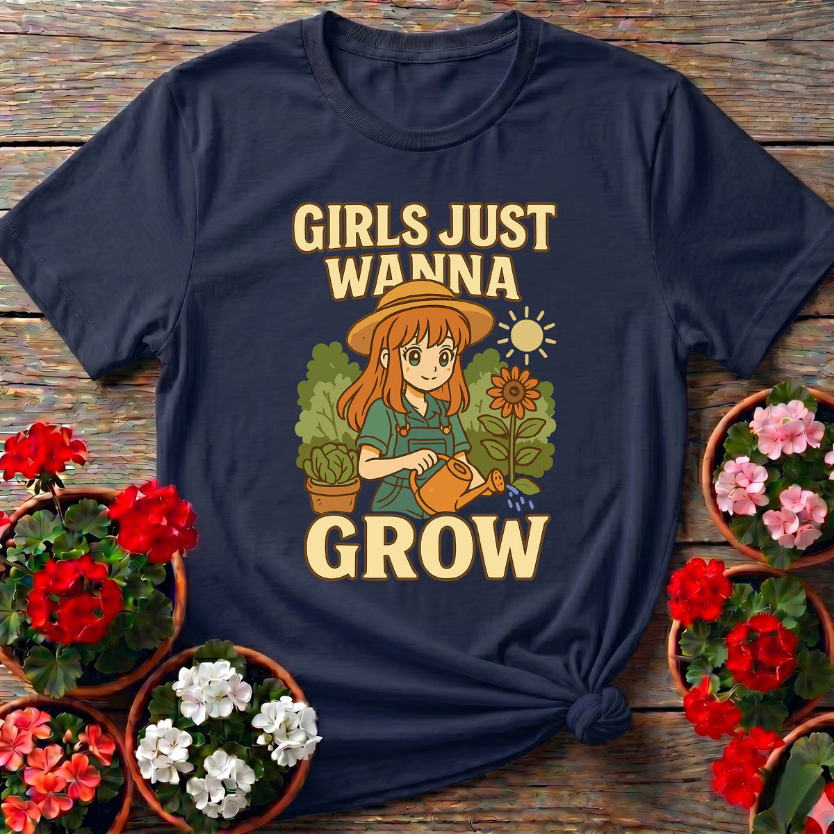 Navy cheerful anime garden t-shirt with "Girls Just Wanna Grow" for anime fans who garden