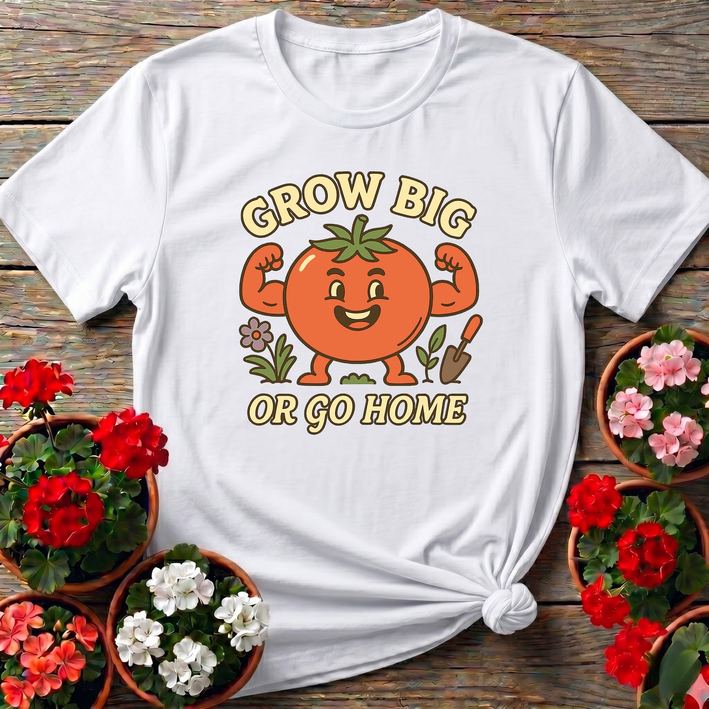 Grow Big Or Go Home Funny Muscular Tomato Tee
