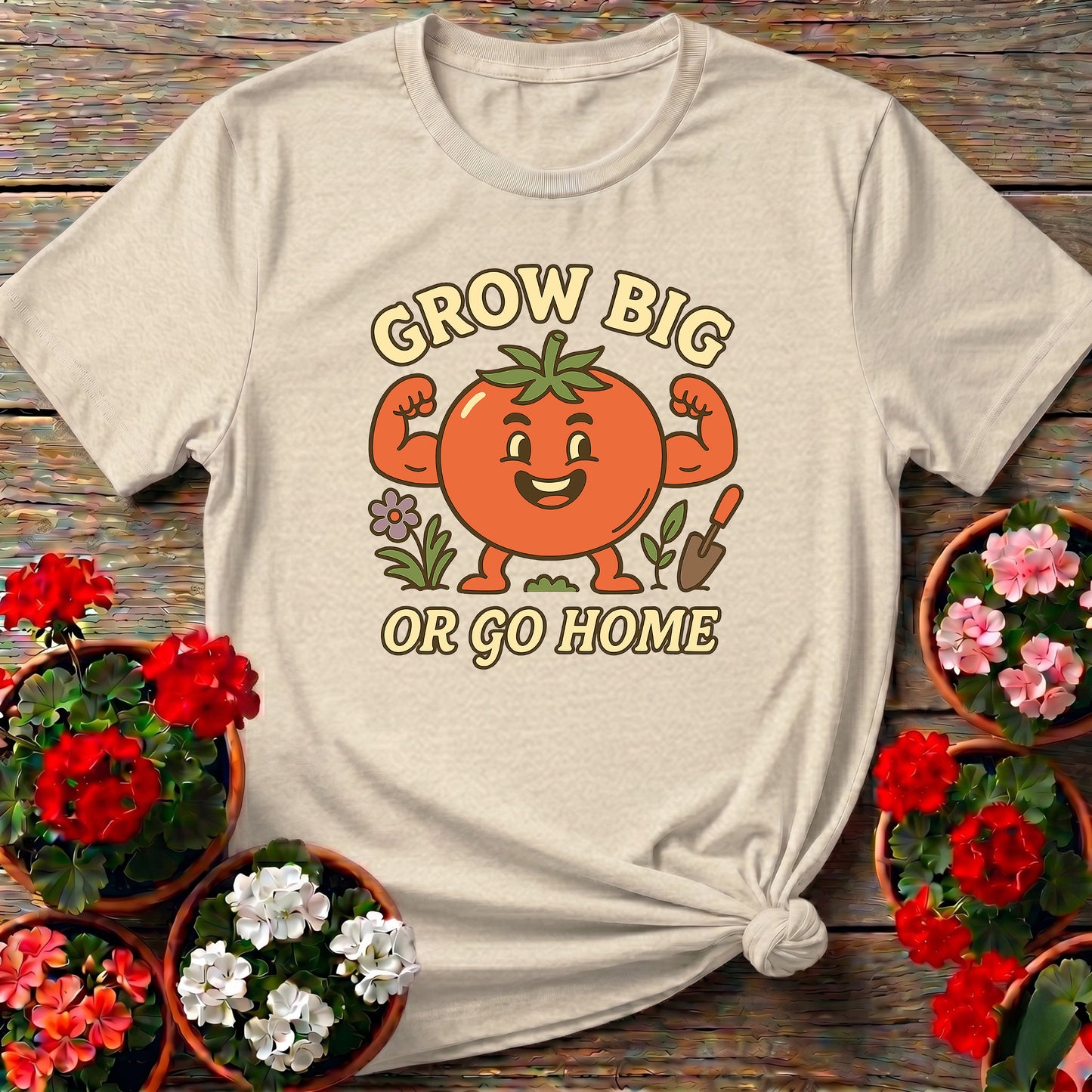 Grow Big Or Go Home Funny Muscular Tomato Tee