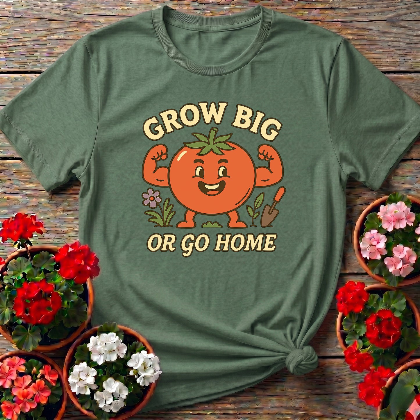 Grow Big Or Go Home Funny Muscular Tomato Tee