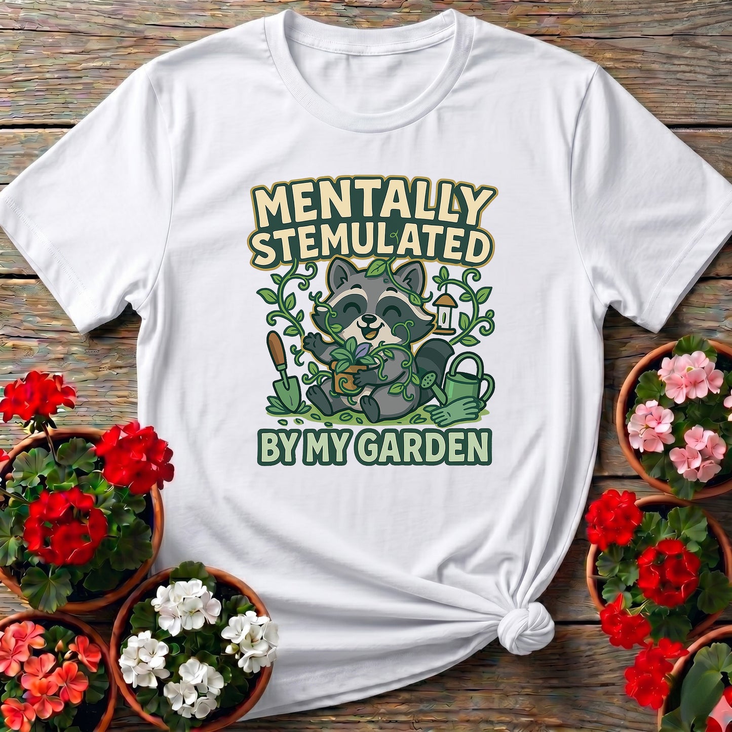 Mentally Stemulated Kawaii Raccoon Garden Tee