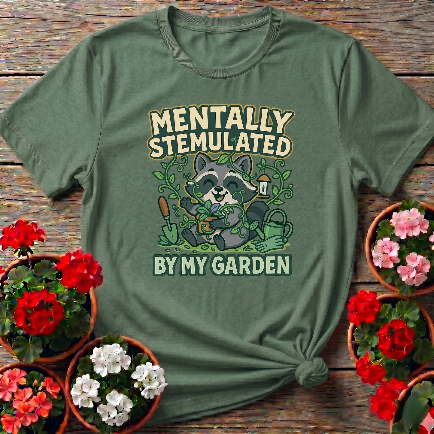 Mentally Stemulated Kawaii Raccoon Garden Tee