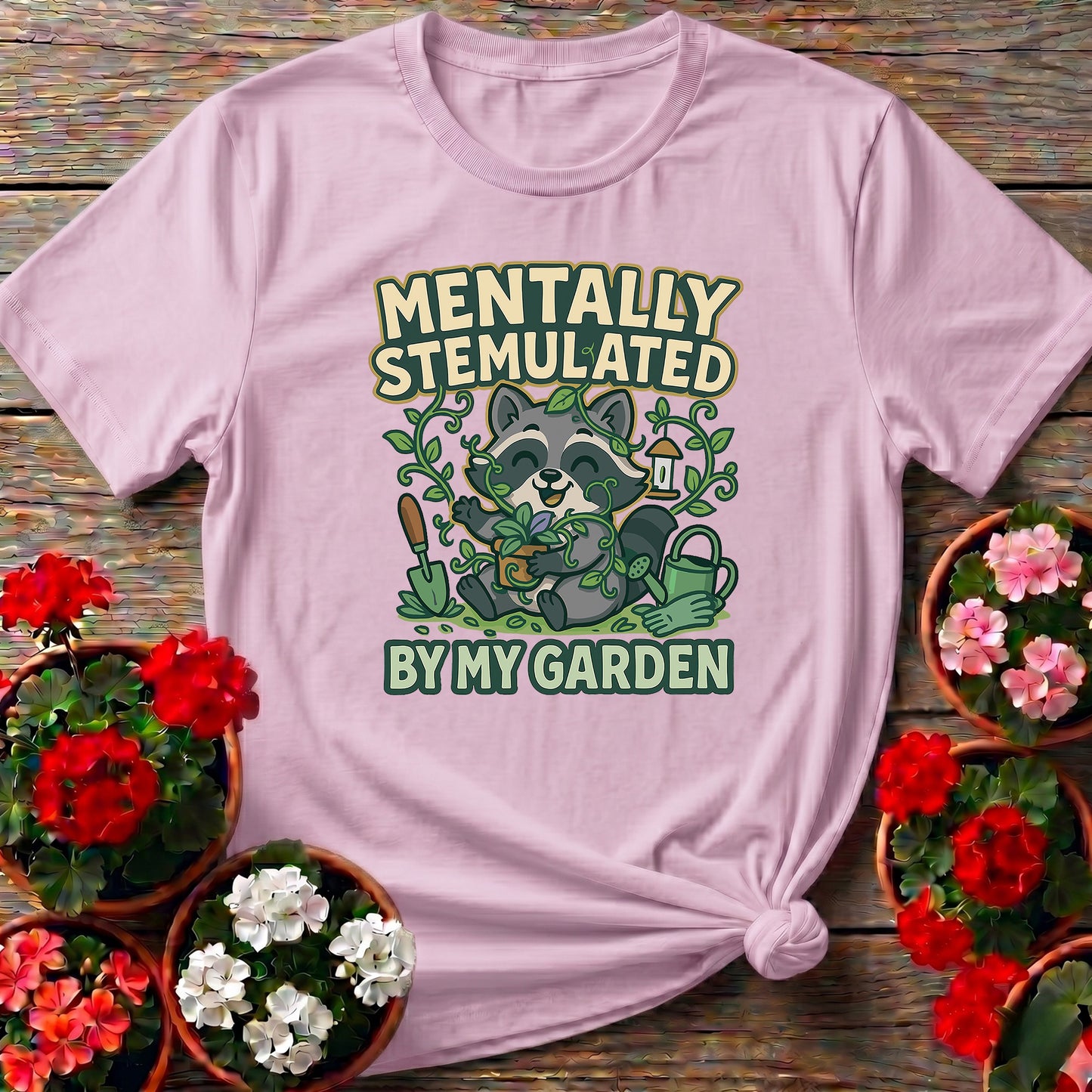 Mentally Stemulated Kawaii Raccoon Garden Tee
