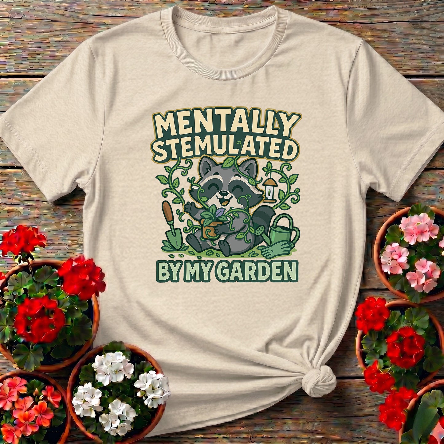 Mentally Stemulated Kawaii Raccoon Garden Tee