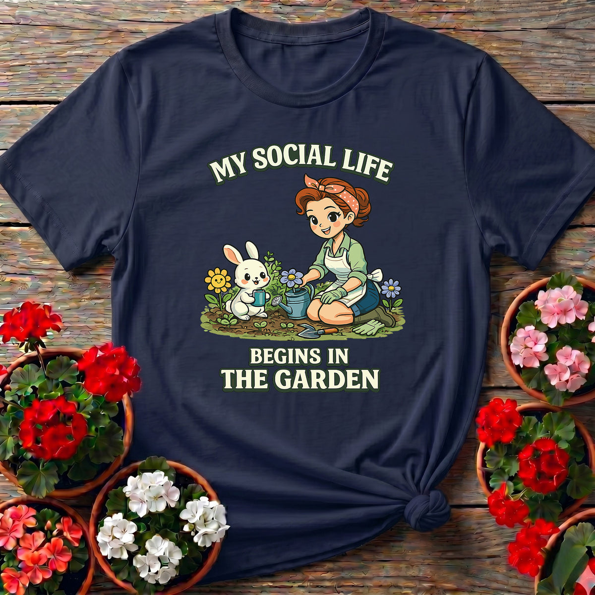 Navy cheerful bunny gardening shirt with "My Social Life Begins In The Garden" for women who garden