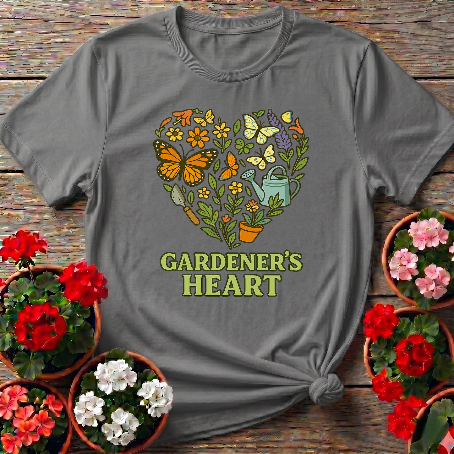 Gardeners Heart Butterfly Floral Wreath T-shirt
