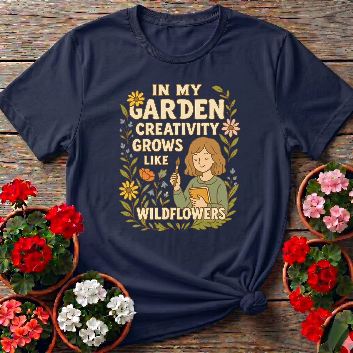 Navy creative garden art top with "In My Garden Creativity Grows Like Wildflowers" for creative backyard growers