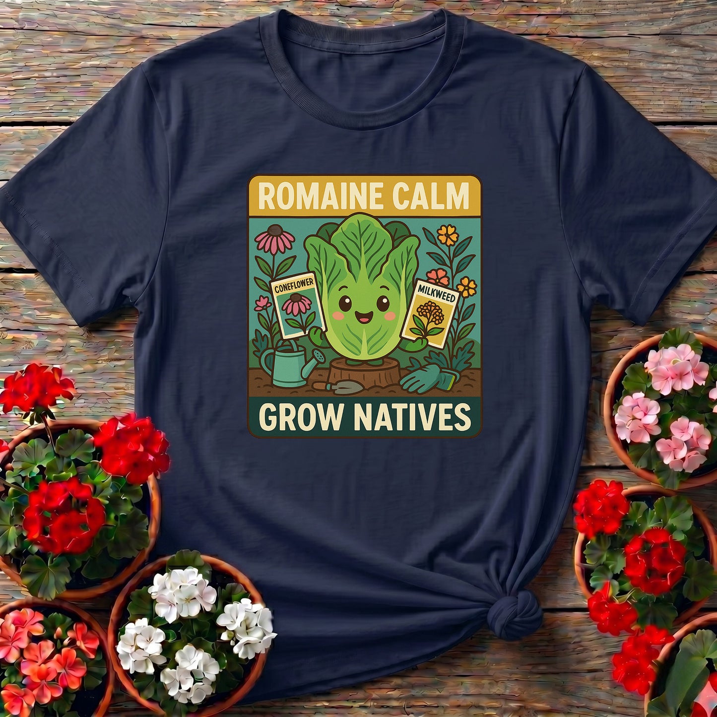 Romaine Calm Grow Natives Happy Pun T-shirt