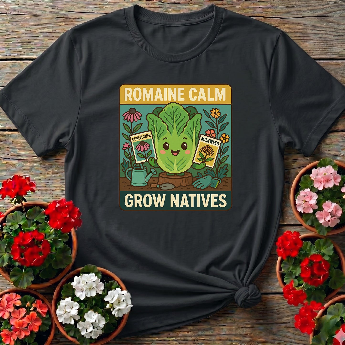Romaine Calm Grow Natives Happy Pun T-shirt