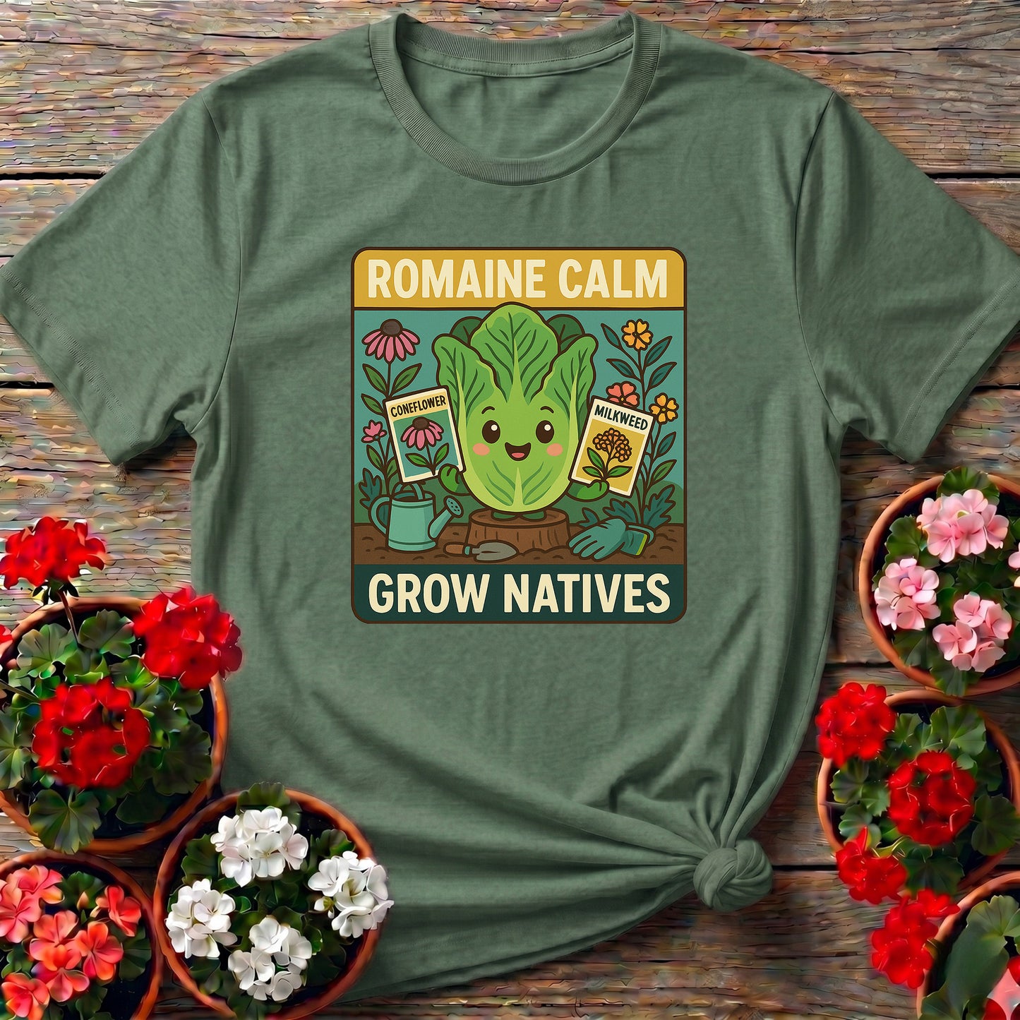 Romaine Calm Grow Natives Happy Pun T-shirt