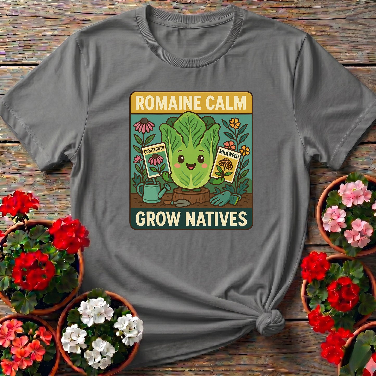 Romaine Calm Grow Natives Happy Pun T-shirt
