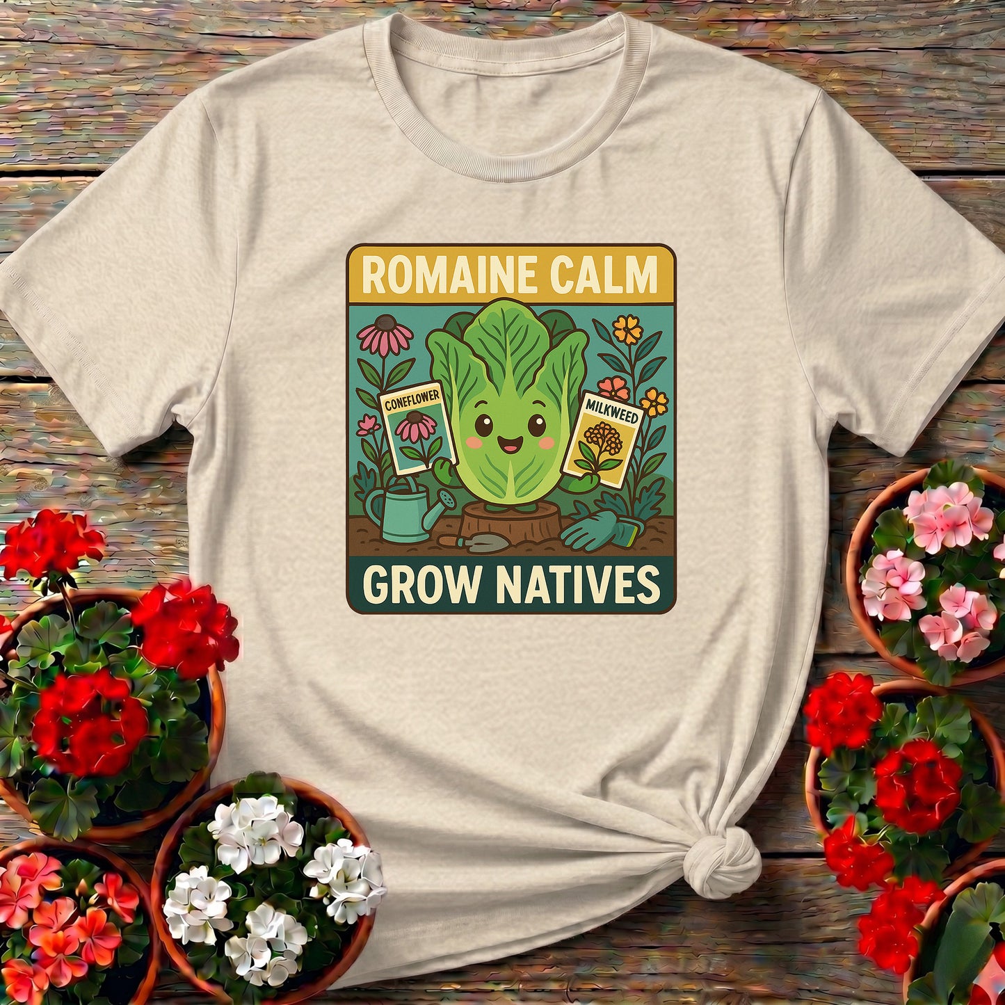 Romaine Calm Grow Natives Happy Pun T-shirt