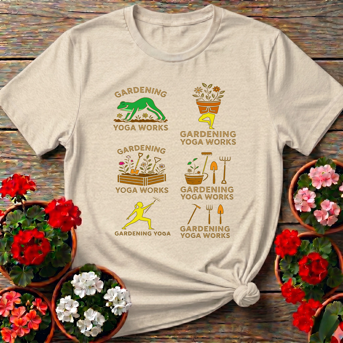 Natural warm folksy gardening tee with "Gardening Yoga Works" frog and warrior pose icons for the garden-obsessed
