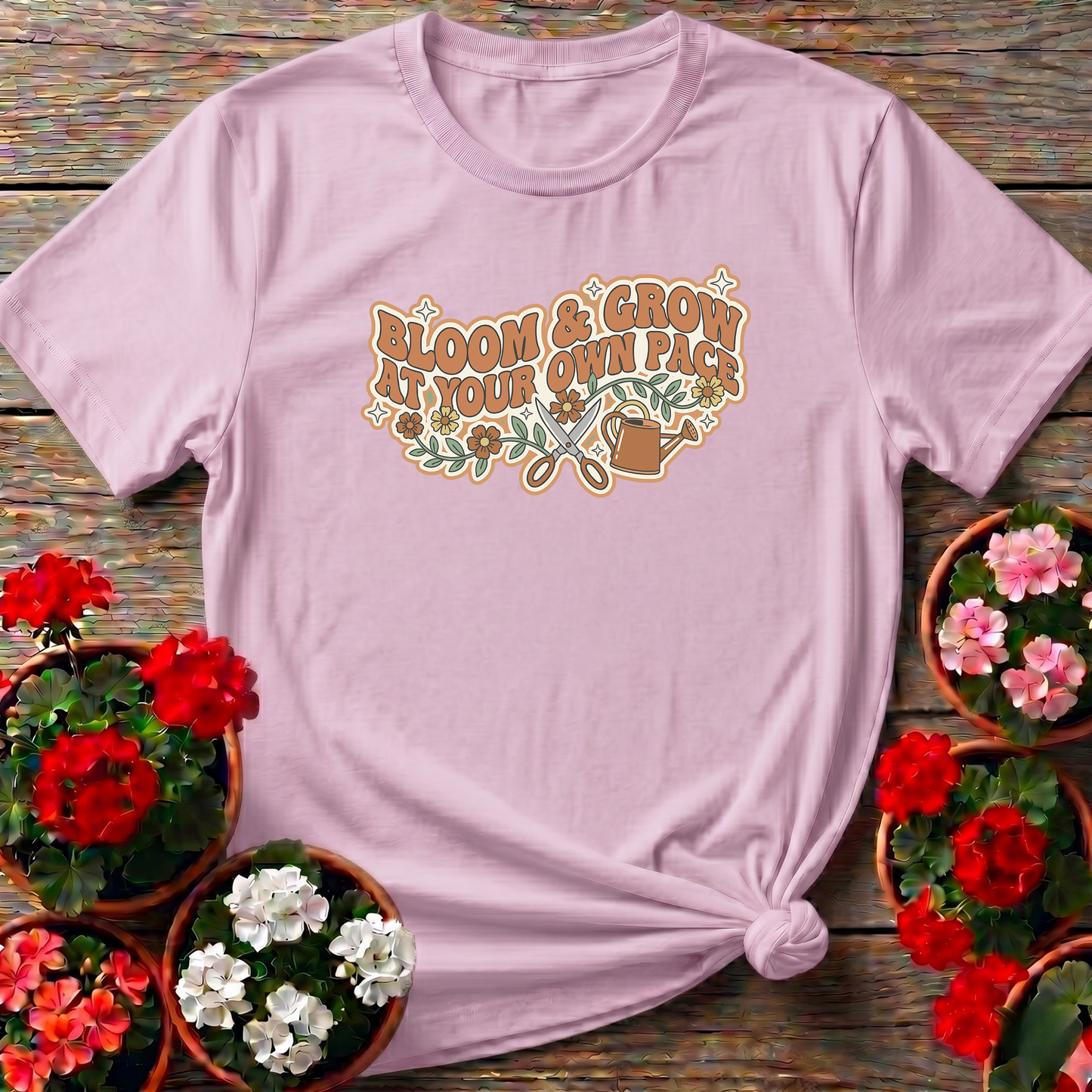 Bloom And Grow At Your Own Pace Retro Gardening Tee