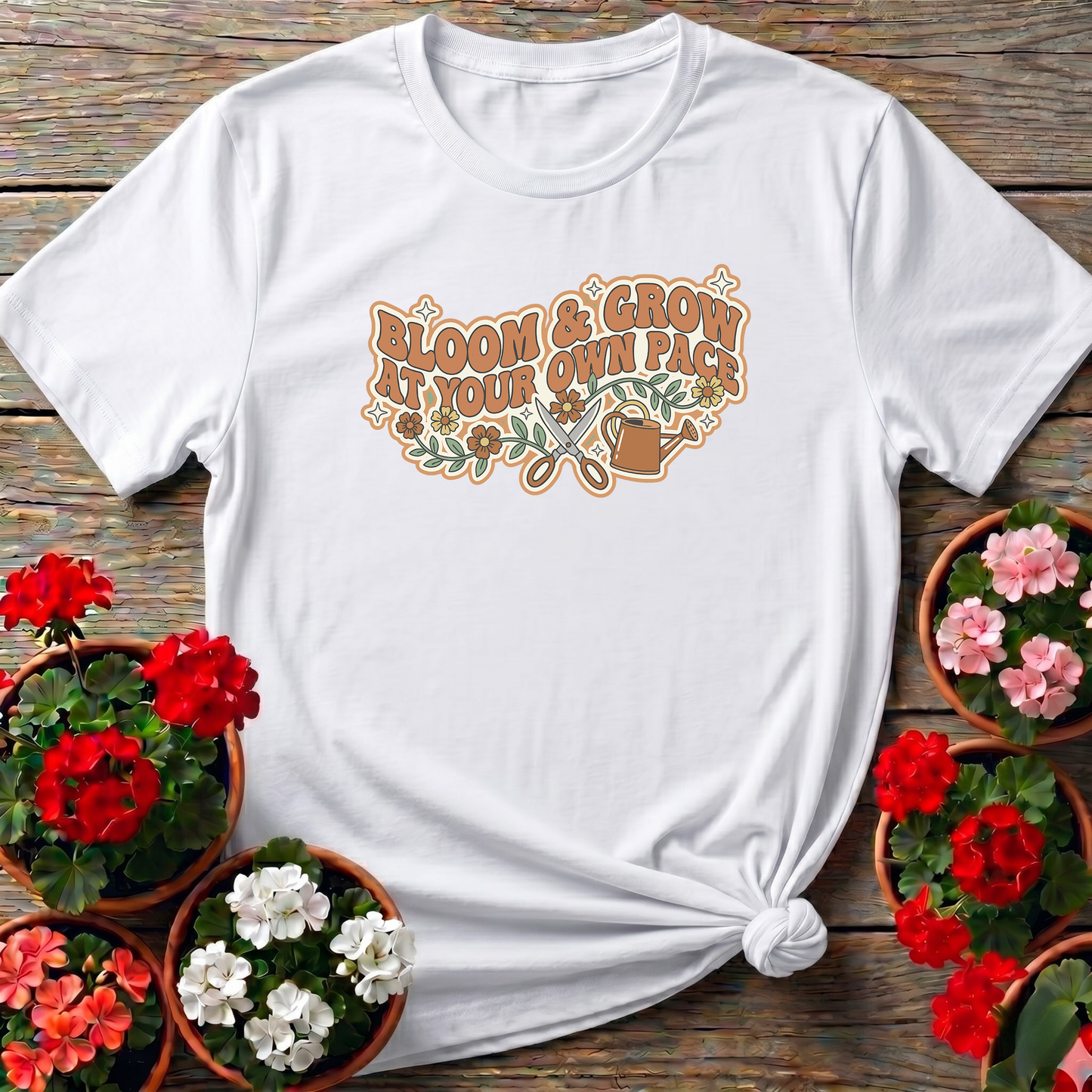 Bloom And Grow At Your Own Pace Retro Gardening Tee