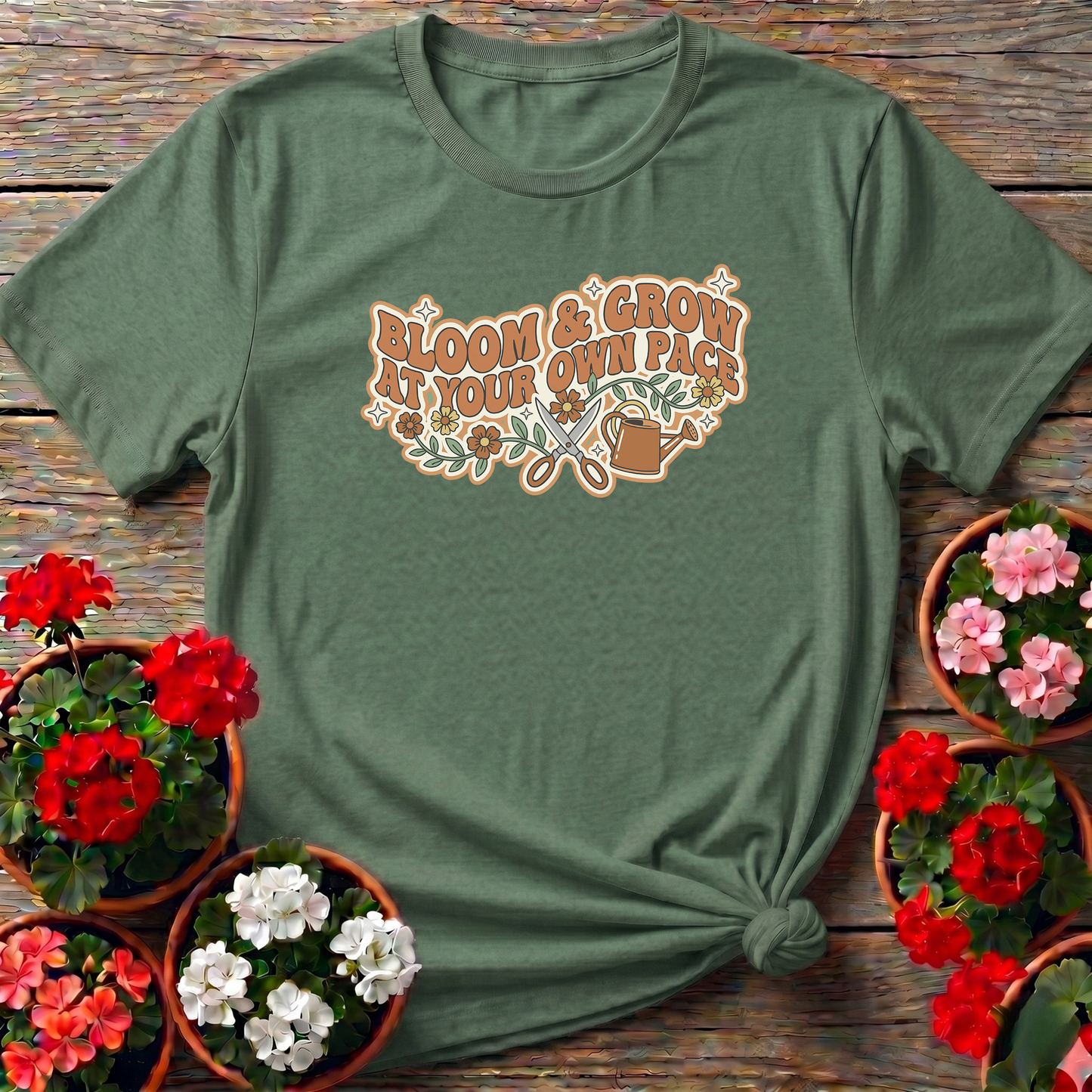 Bloom And Grow At Your Own Pace Retro Gardening Tee