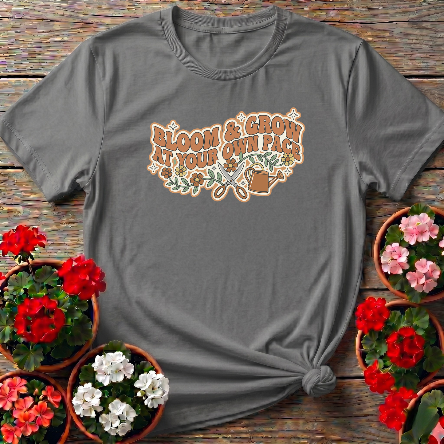 Bloom And Grow At Your Own Pace Retro Gardening Tee