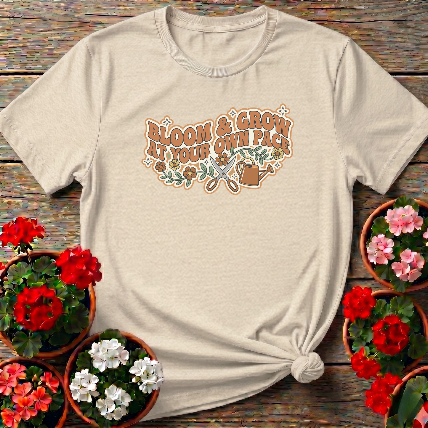 Bloom And Grow At Your Own Pace Retro Gardening Tee