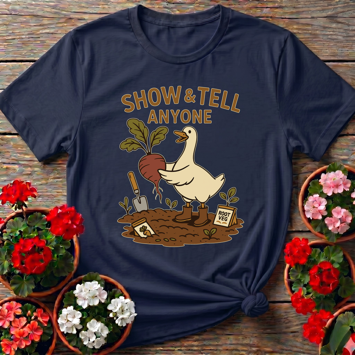 Navy playful garden duck garden apparel with "Show & Tell Anyone" for gardeners who share their harvest