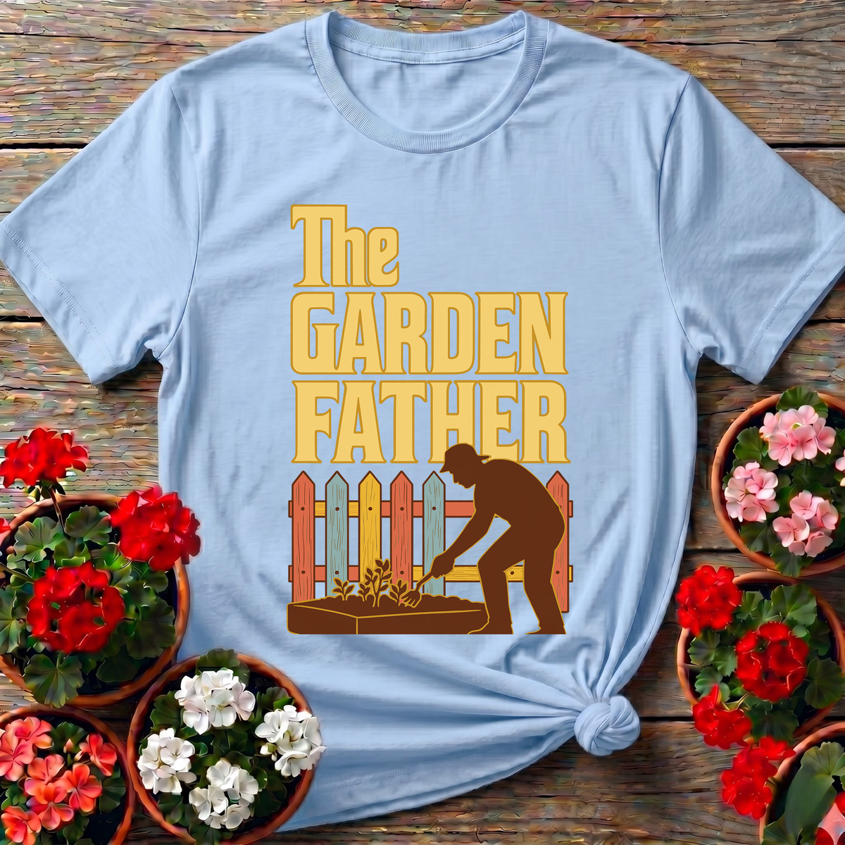 Light Blue faded vintage shirt with "The Garden Father" for fathers who grow more than they buy