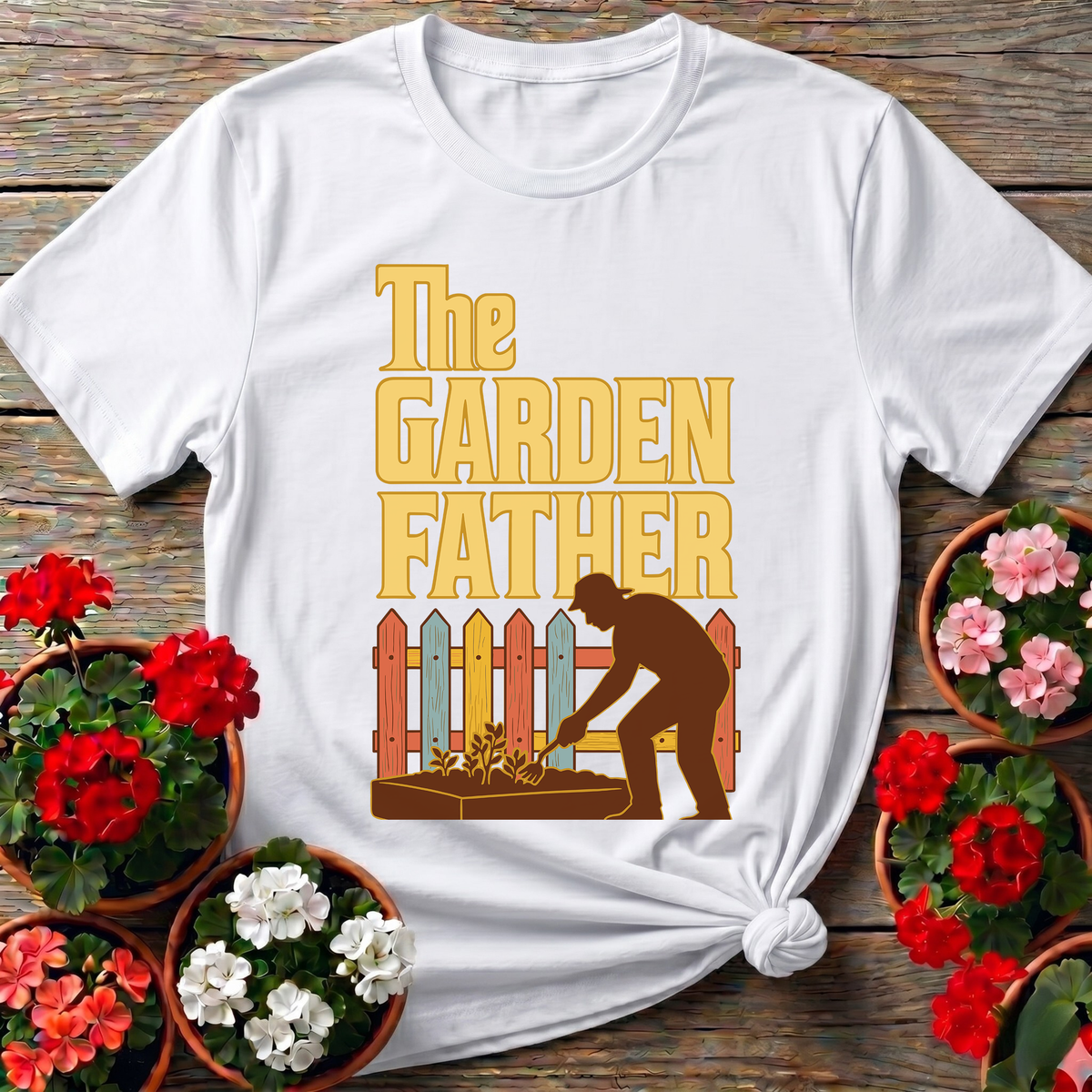 White vintage-style gardening shirt with "The Garden Father" for father-son garden project fans