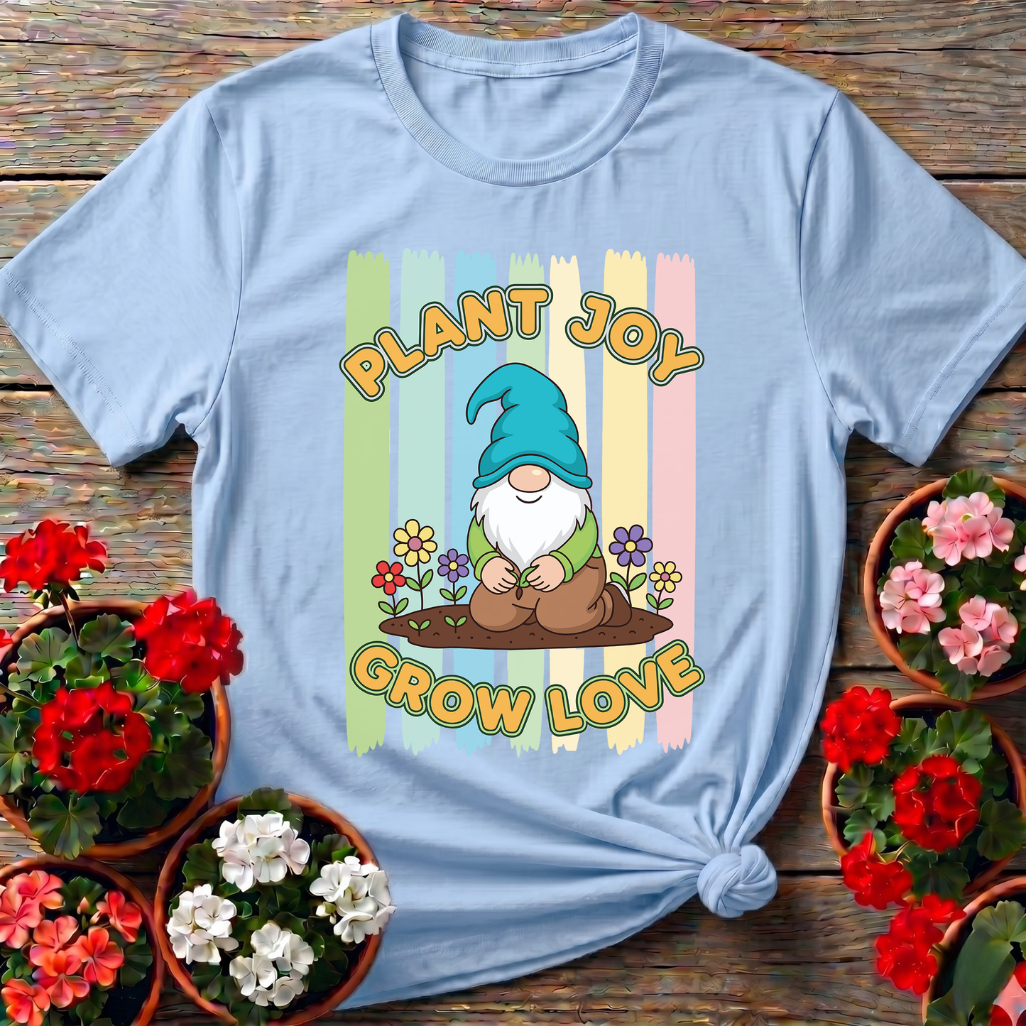 Plant Joy Grow Love Whimsical Garden Gnome T-shirt