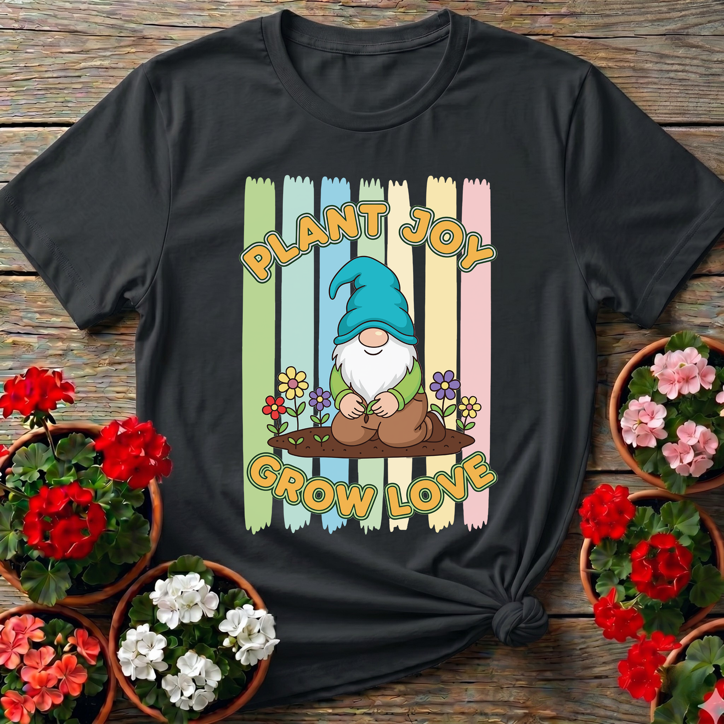 Plant Joy Grow Love Whimsical Garden Gnome T-shirt