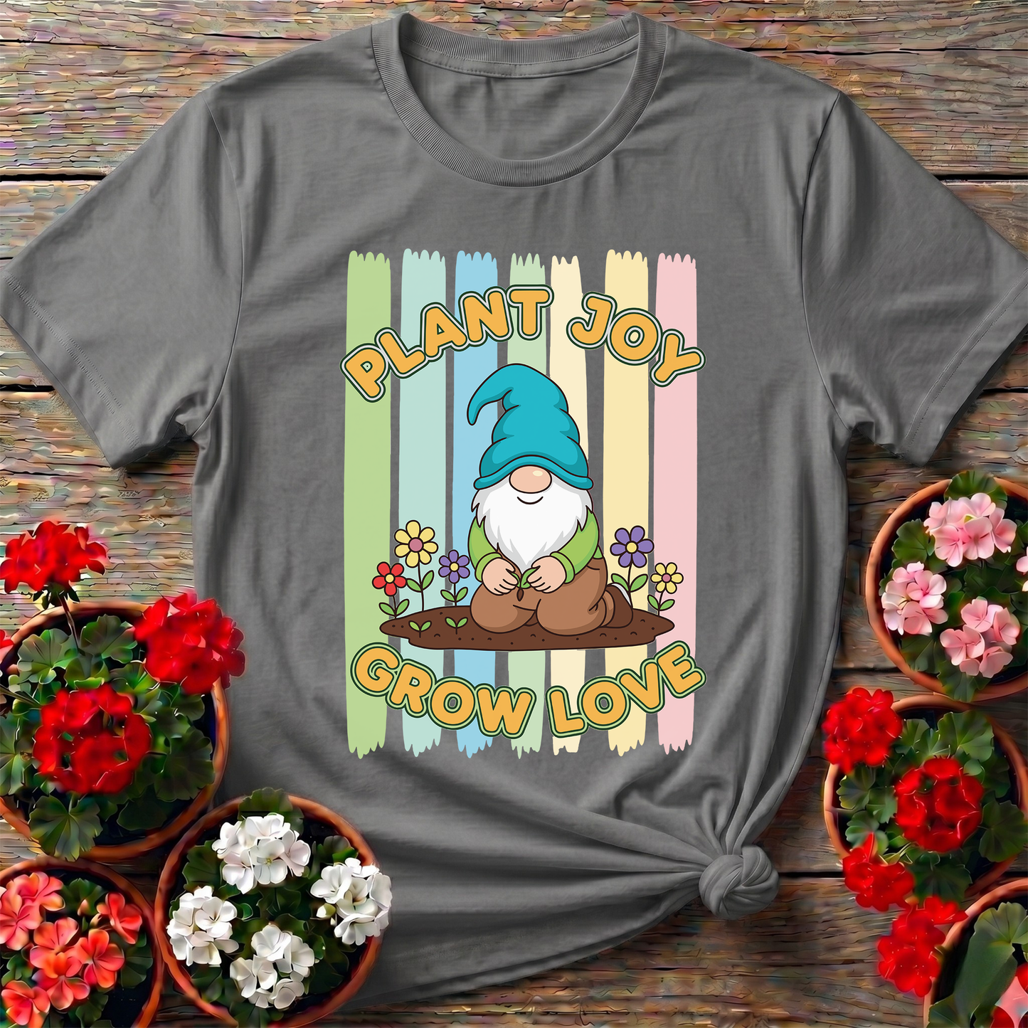 Plant Joy Grow Love Whimsical Garden Gnome T-shirt