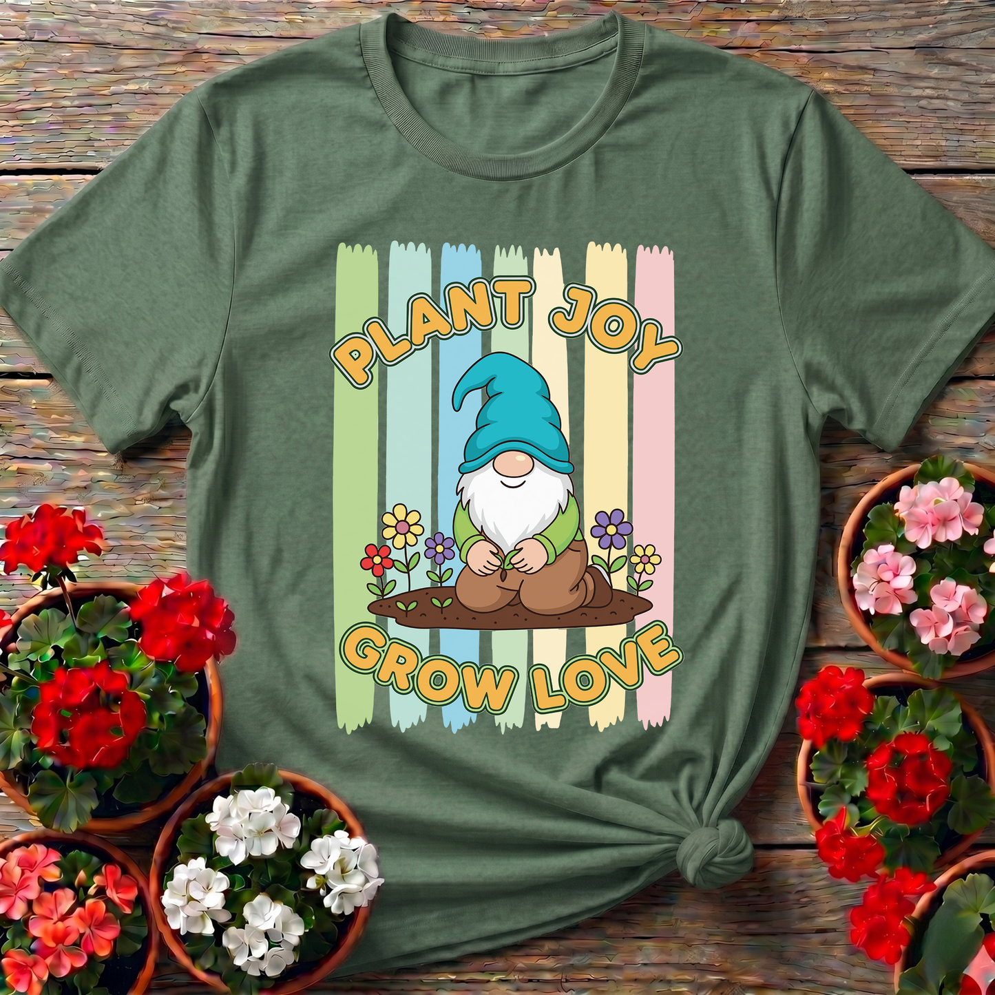 Plant Joy Grow Love Whimsical Garden Gnome T-shirt