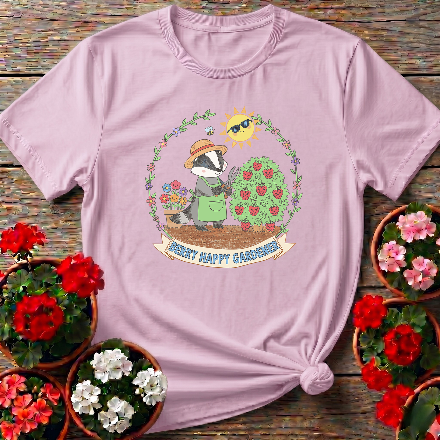 Berry Happy Gardener Badger Harvesting Berries Tee