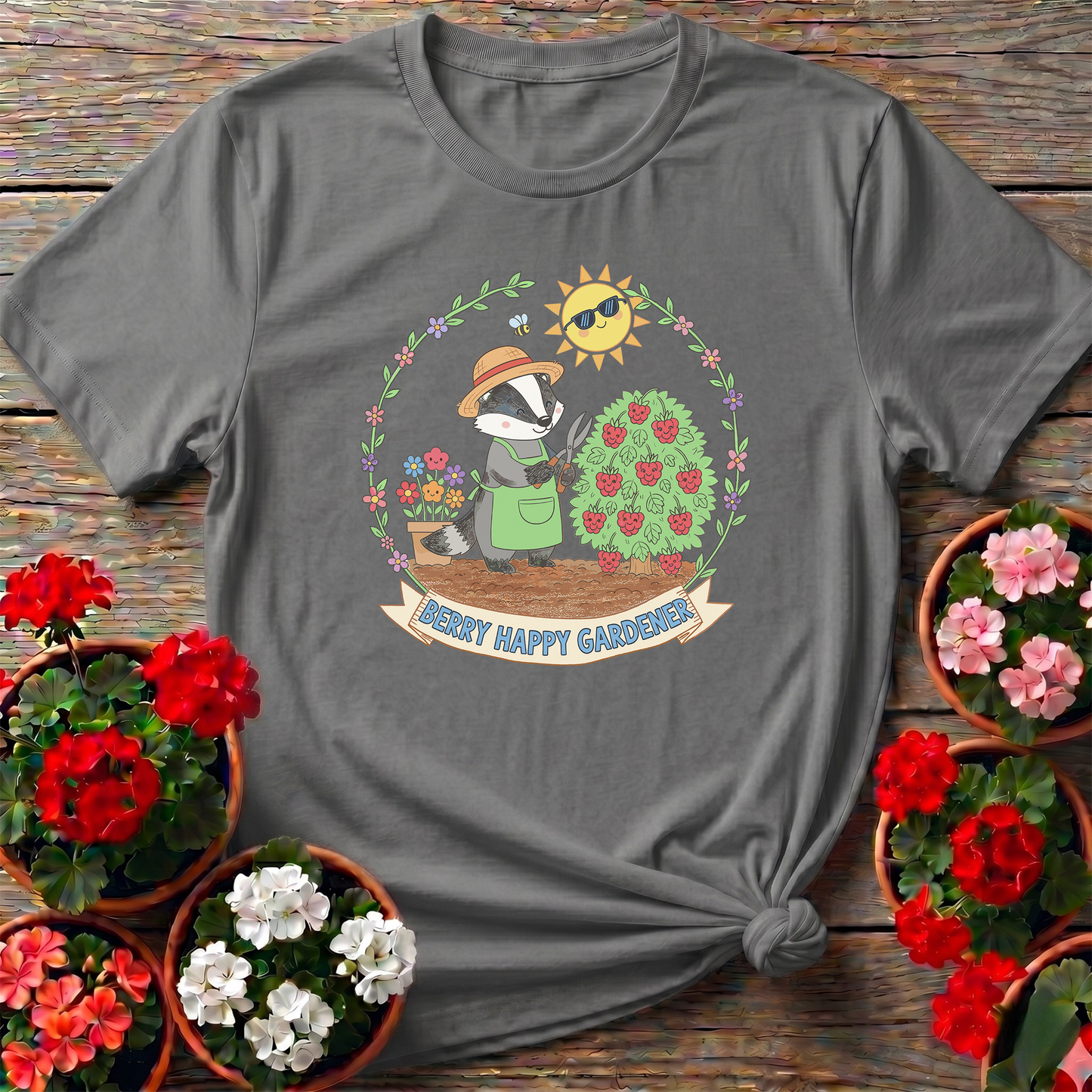 Berry Happy Gardener Badger Harvesting Berries Tee