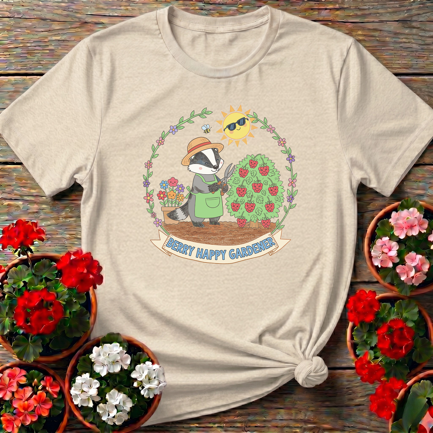 Berry Happy Gardener Badger Harvesting Berries Tee