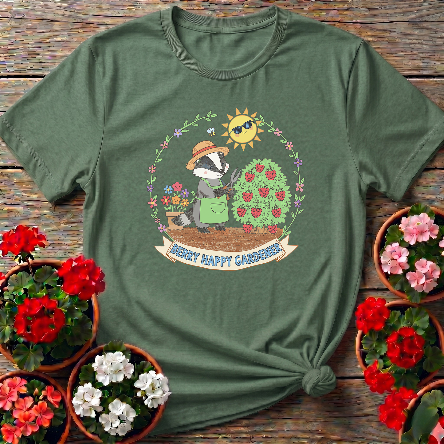 Berry Happy Gardener Badger Harvesting Berries Tee