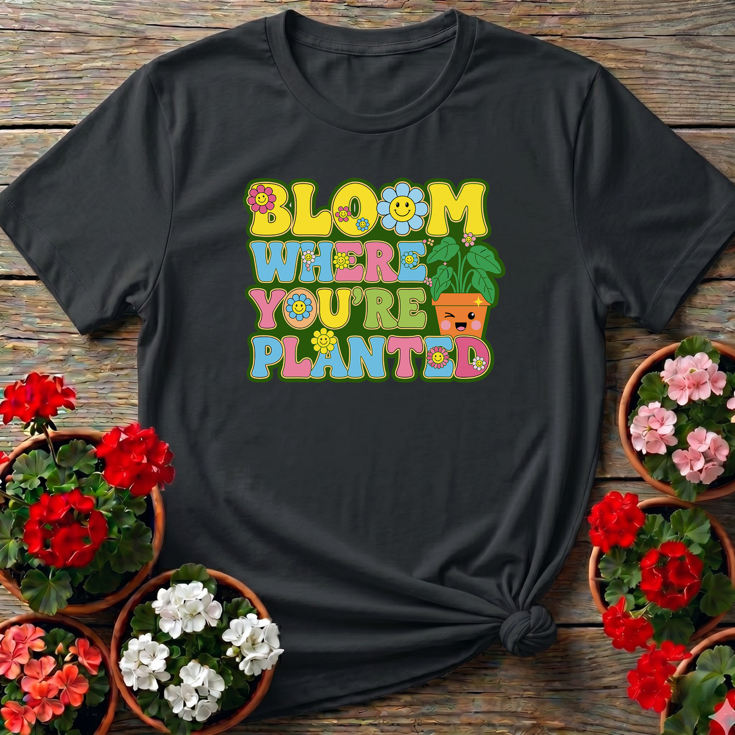 Bloom Where You Are Planted Retro Smiley Floral Tee