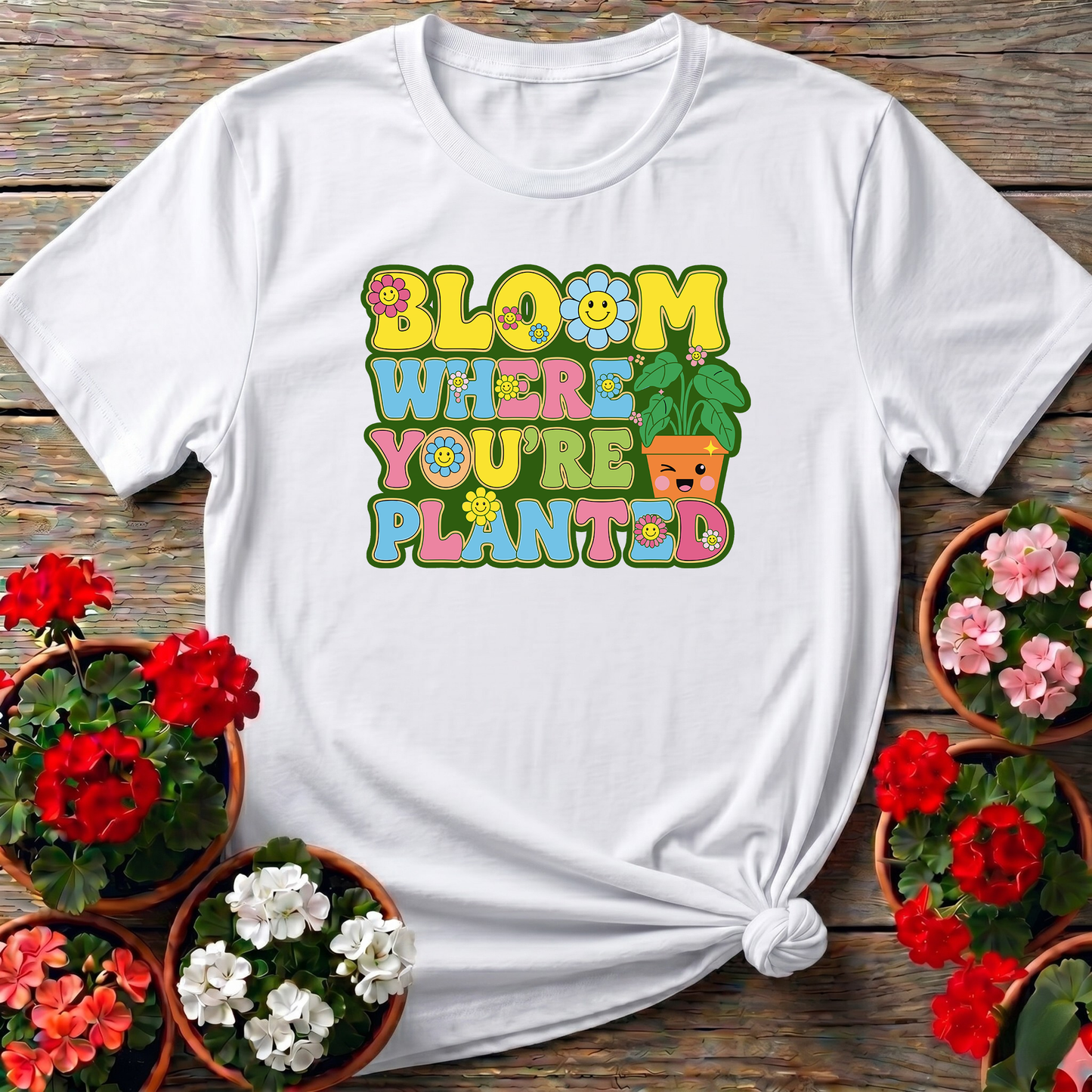 Bloom Where You Are Planted Retro Smiley Floral Tee
