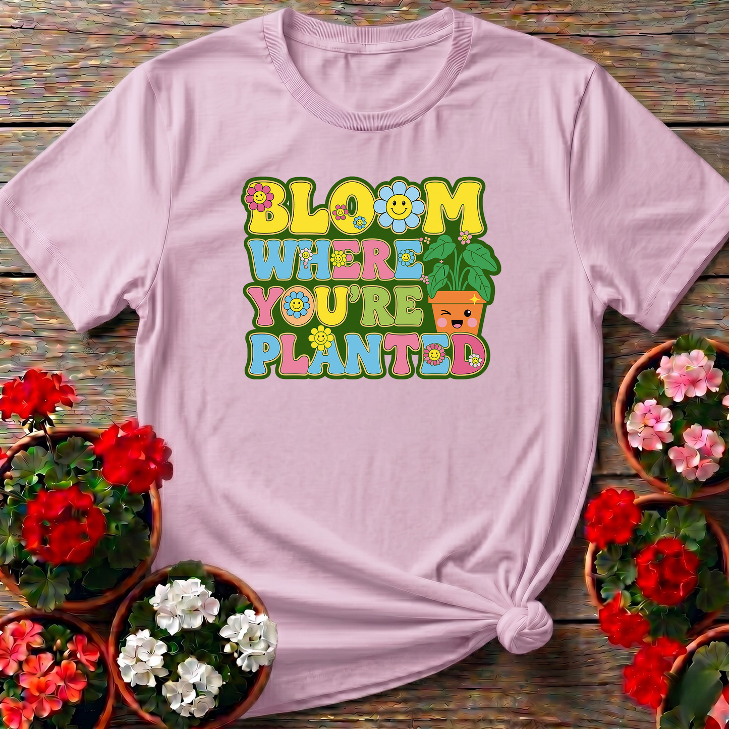 Bloom Where You Are Planted Retro Smiley Floral Tee