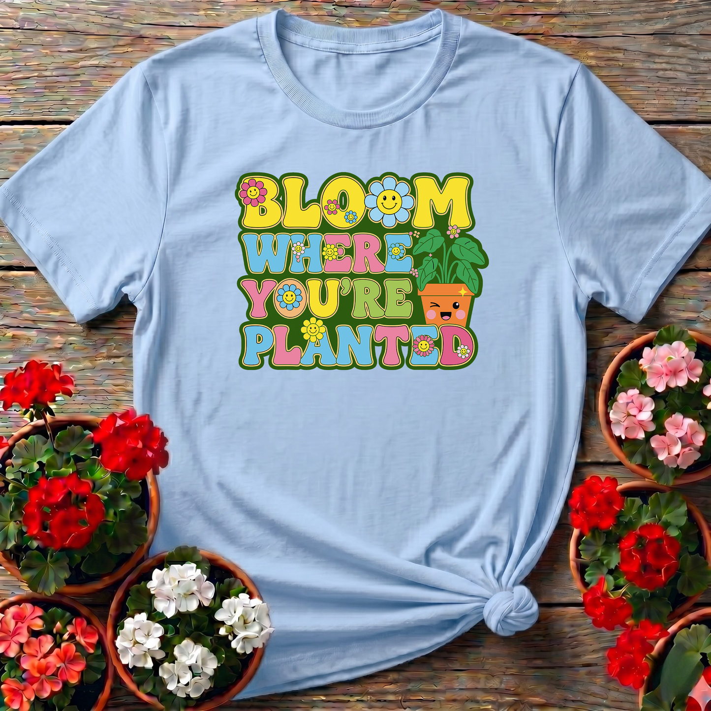 Bloom Where You Are Planted Retro Smiley Floral Tee