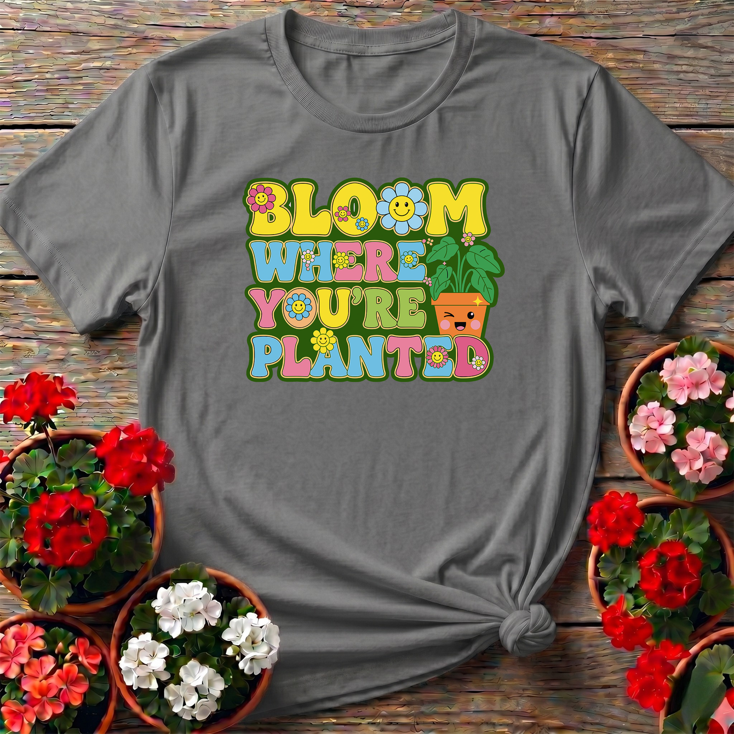 Bloom Where You Are Planted Retro Smiley Floral Tee