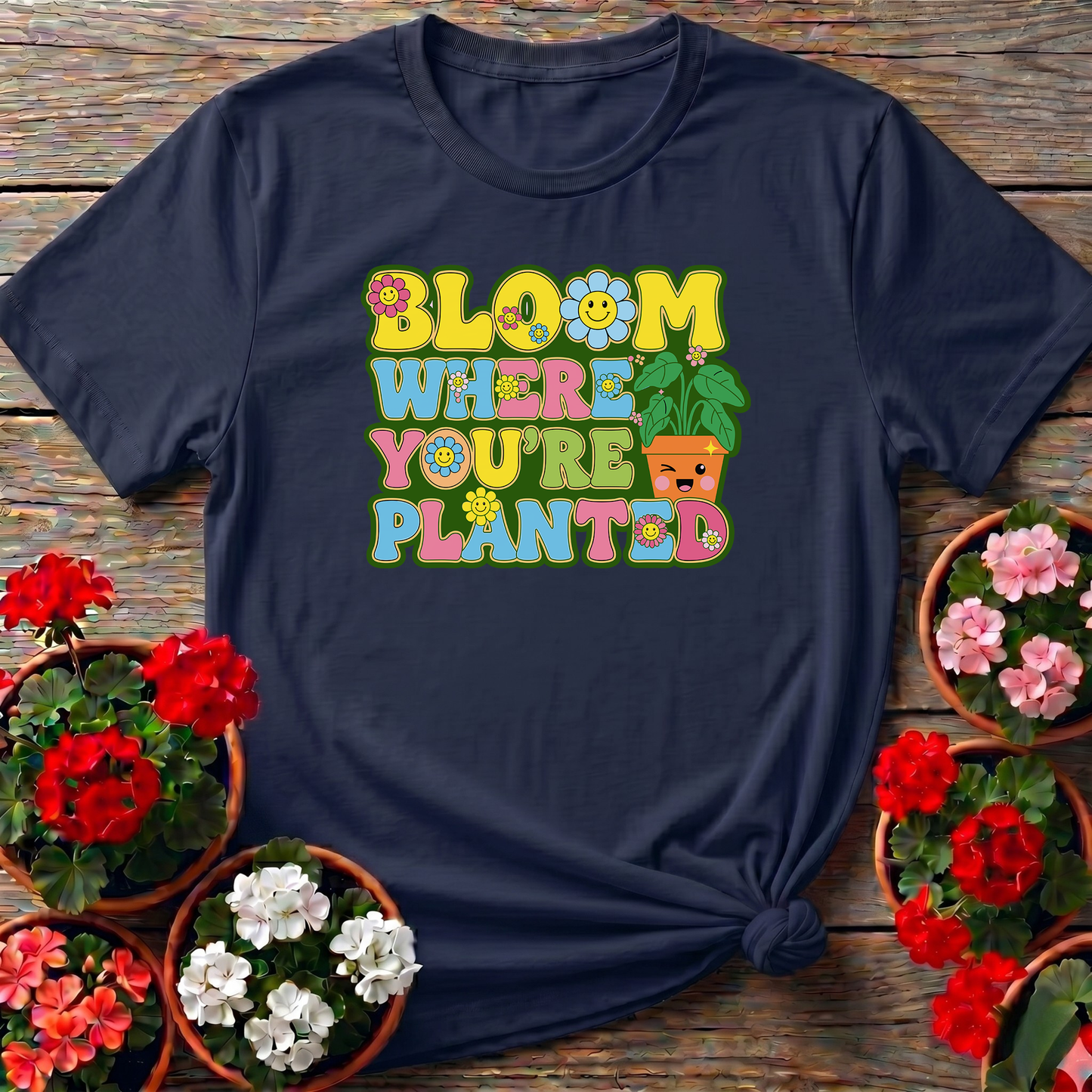 Bloom Where You Are Planted Retro Smiley Floral Tee