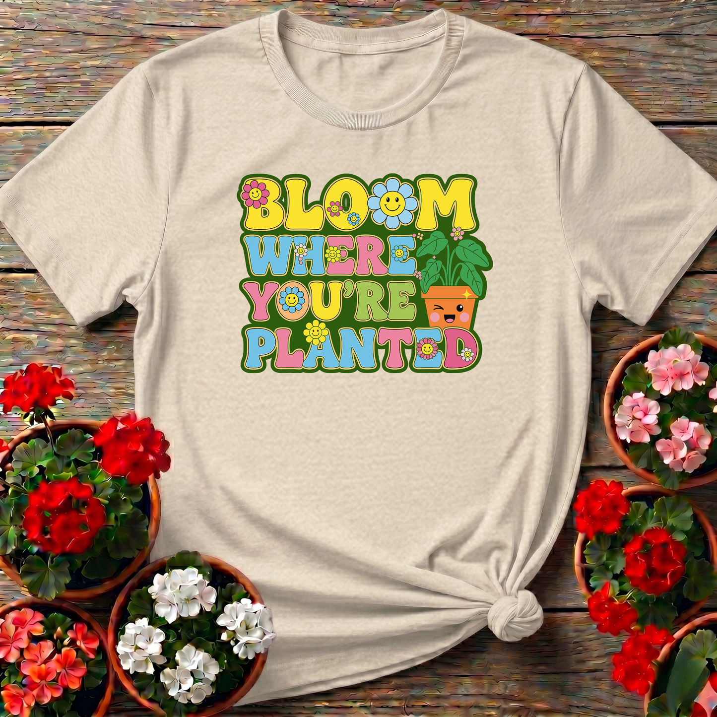 Bloom Where You Are Planted Retro Smiley Floral Tee