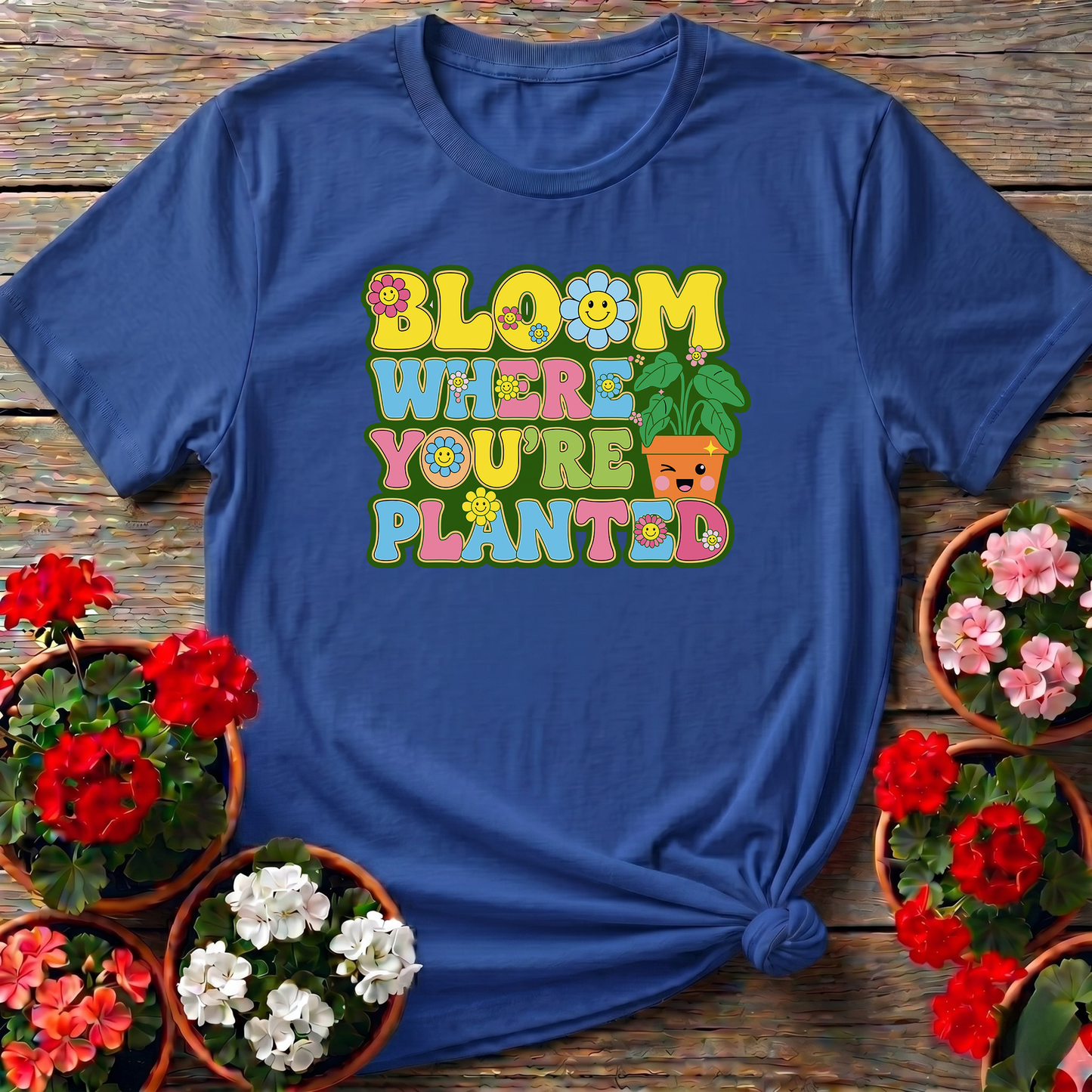 Bloom Where You Are Planted Retro Smiley Floral Tee